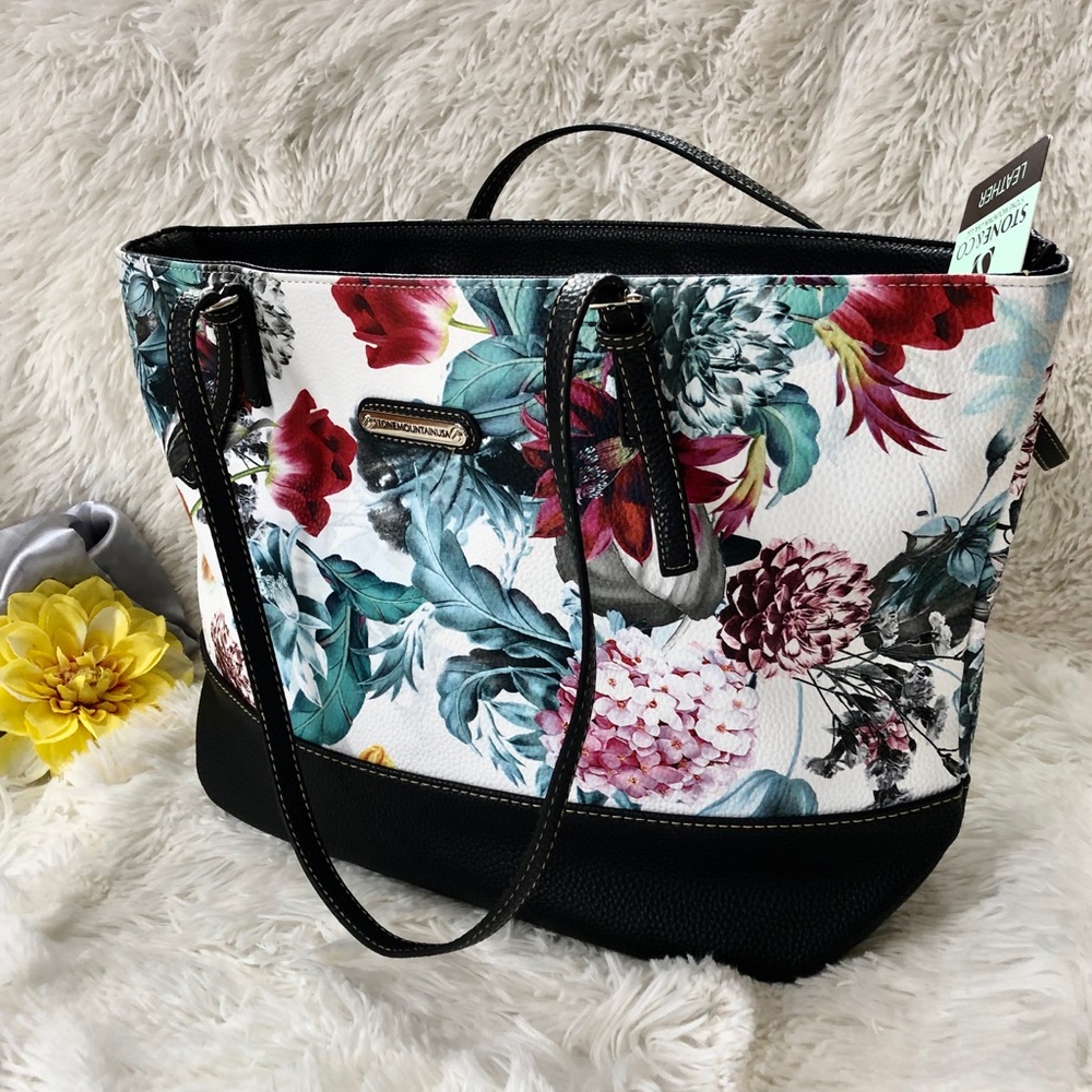 🆕NWT GORGEOUS LEATHER TOTE WITH FLORAL DESIGN